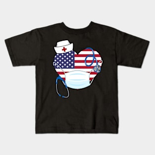 American Flag Nurse Stethoscope Heart Kids T-Shirt